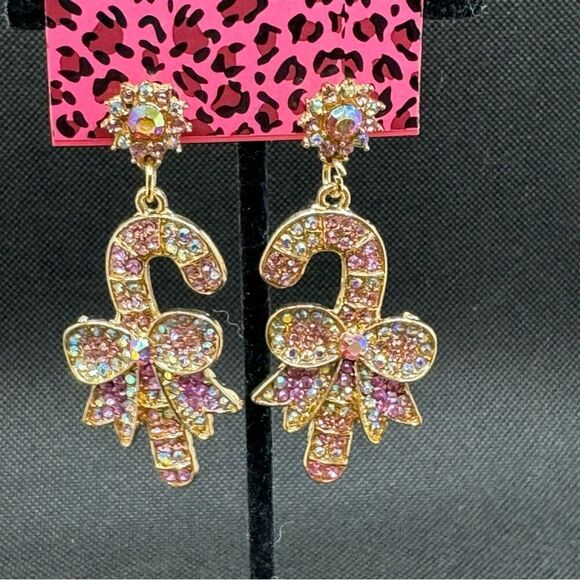 EARRINGS! Betsey Johnson Candy Cane Earrings BNWT AB Crystals Pink &Gold - Picture 2 of 6
